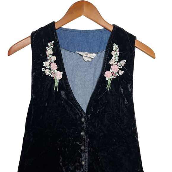 Vintage Boho Whimsigoth Velvet Rosette Granola Nature Denim Vest Whimsical Large - Picture 2 of 10